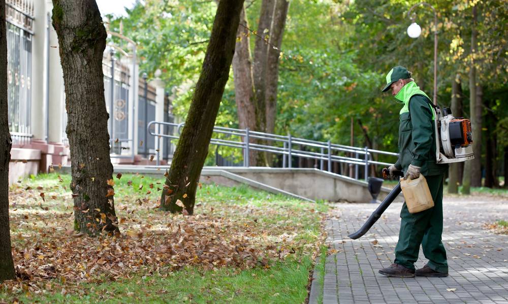 Hausmeister bläst mit einem Laubbläser Blätter von einem Weg vor einem Gebäude